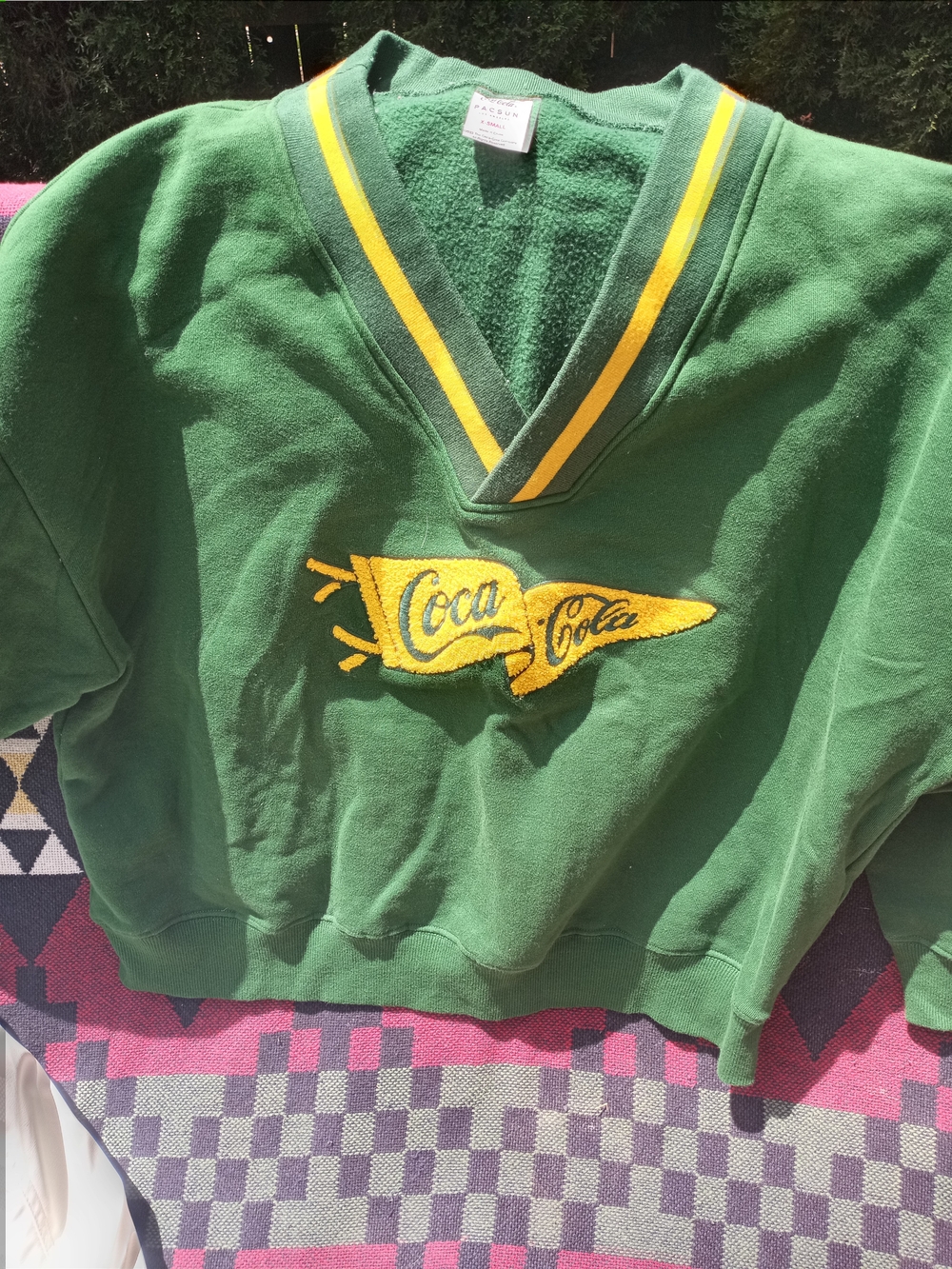 PacSun Green V-Neck Sweatshirt with Yellow Pennant Patch